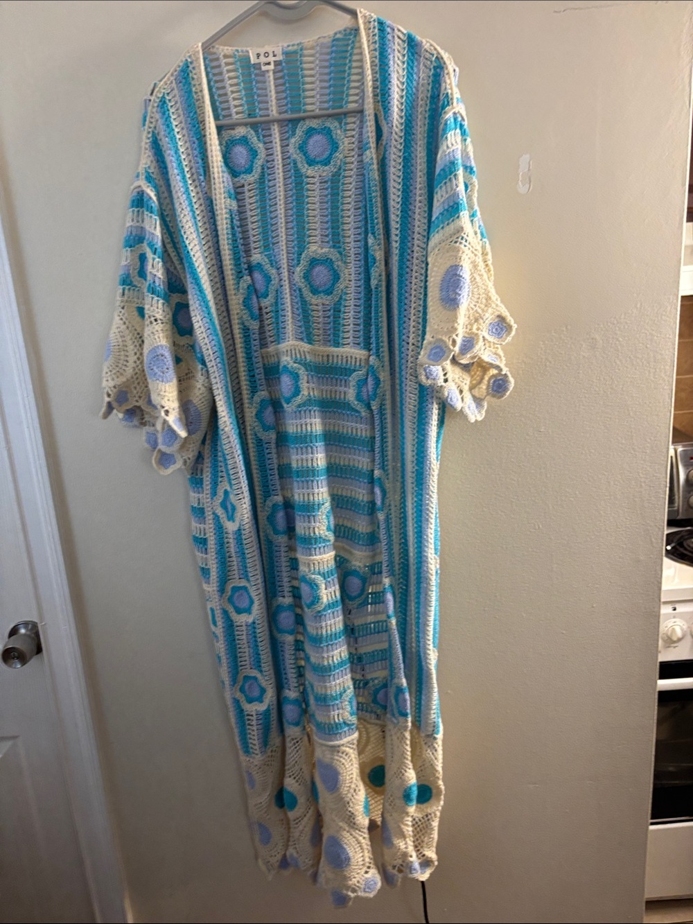 POL Blue & Cream Crochet Kimono Duster